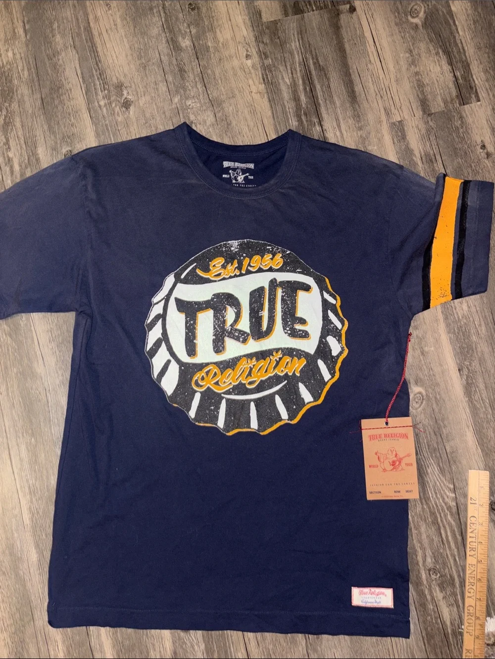 True Religion Navy Short-Sleeve Graphic Logo Tee with Yellow Accents NWT LG